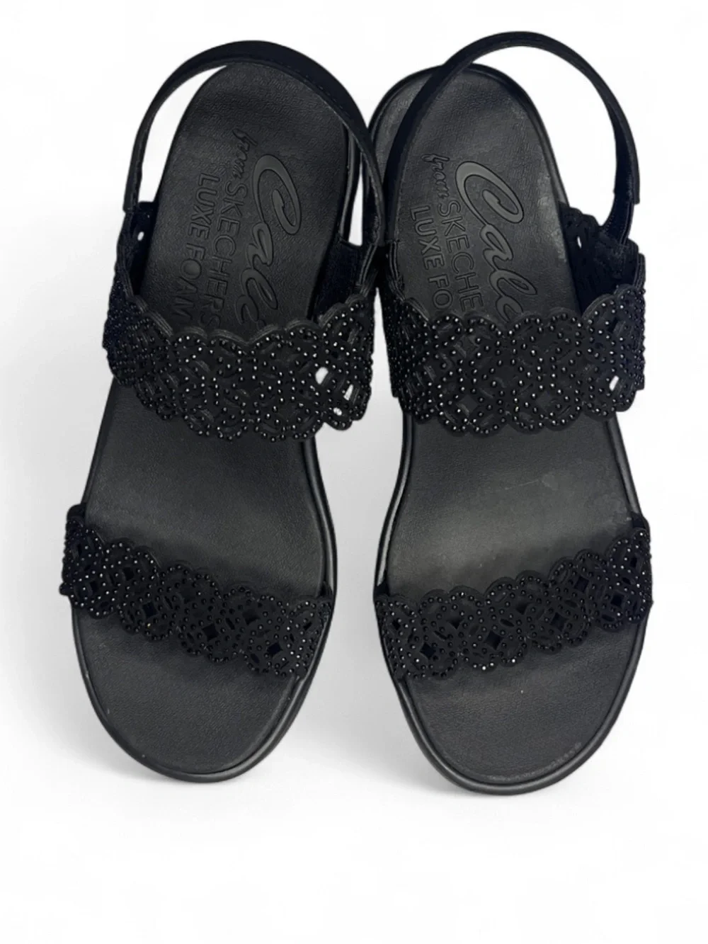 Skechers Rumble On Sassier Dayz Wedge Sandals Black Embellished Vegan Women's 8